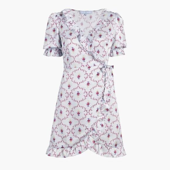 Hill House Home Nima Silk Floral Wrap Silver Mini V-Neck Dress Robe XS X-Small - Picture 2 of 9